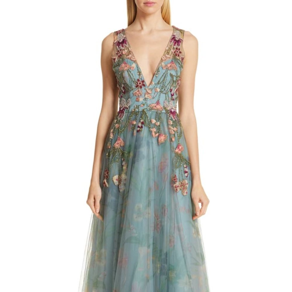 PatBo Beaded Floral Print Tulle Ballgown